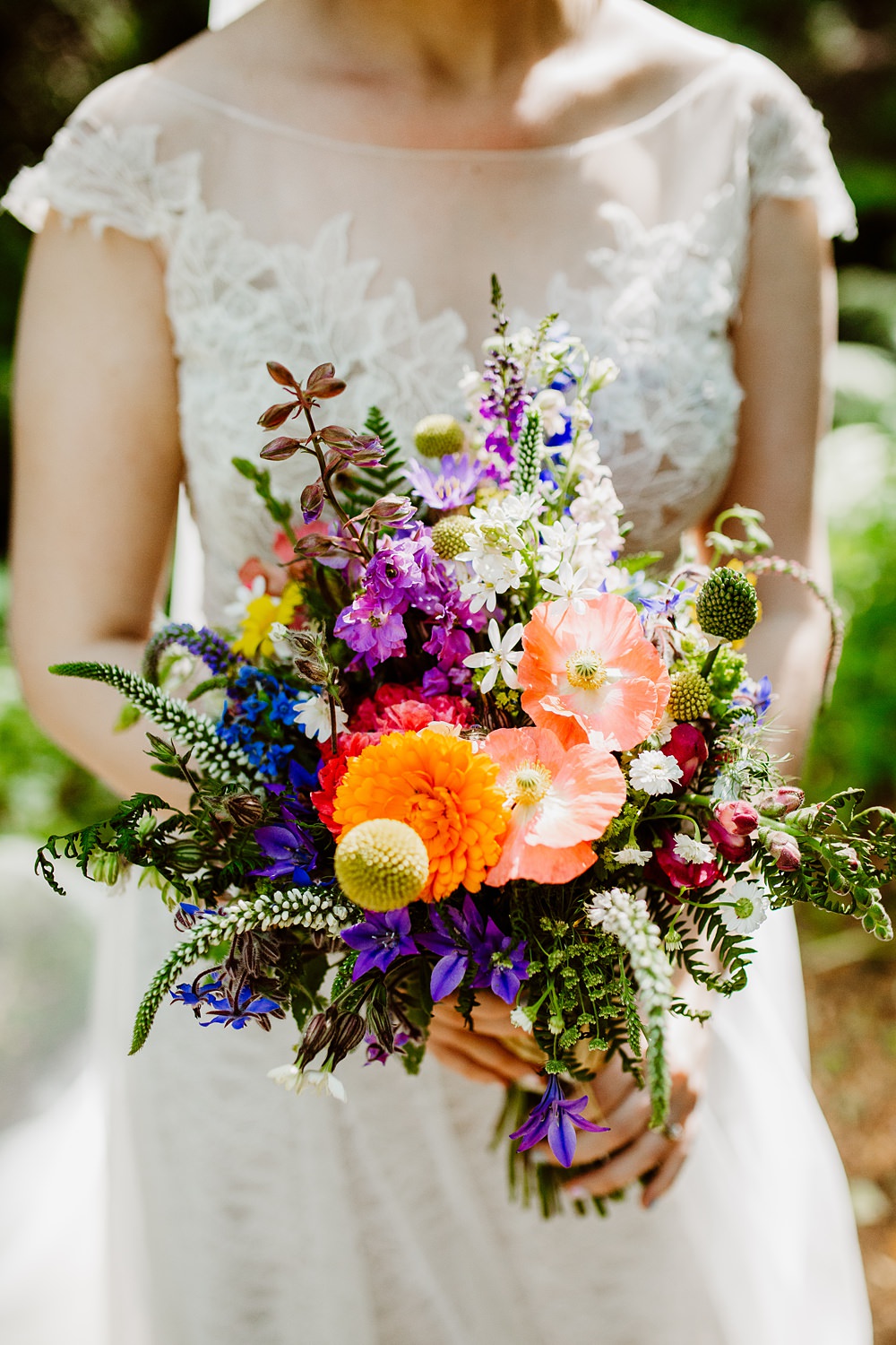 Bouquet Flowers Bride Bridal Poppy Craspedia Colourful Multicolour Canonteign Falls Wedding Holly Collings Photography