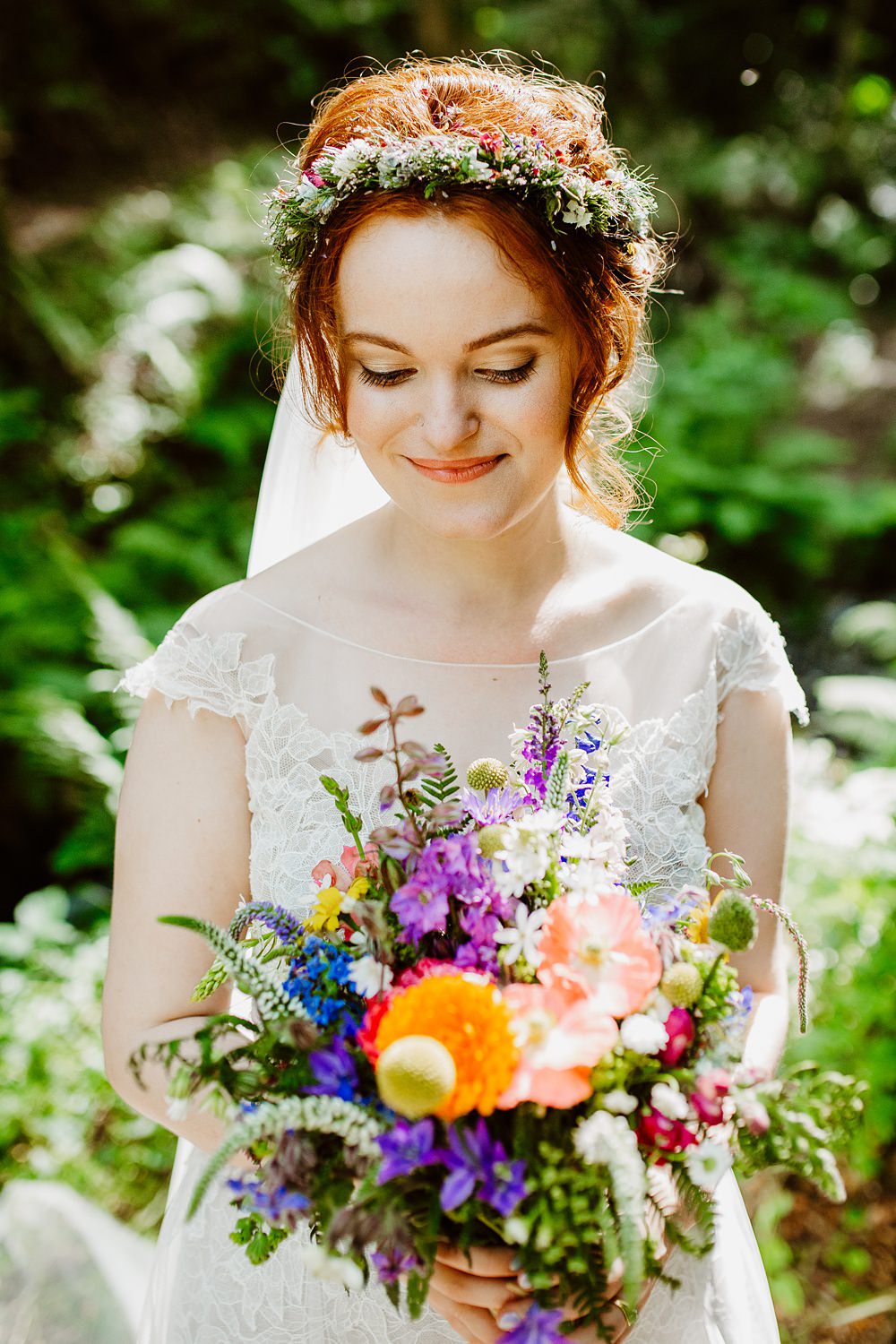 Bouquet Flowers Bride Bridal Poppy Craspedia Colourful Multicolour Flower Crown Canonteign Falls Wedding Holly Collings Photography