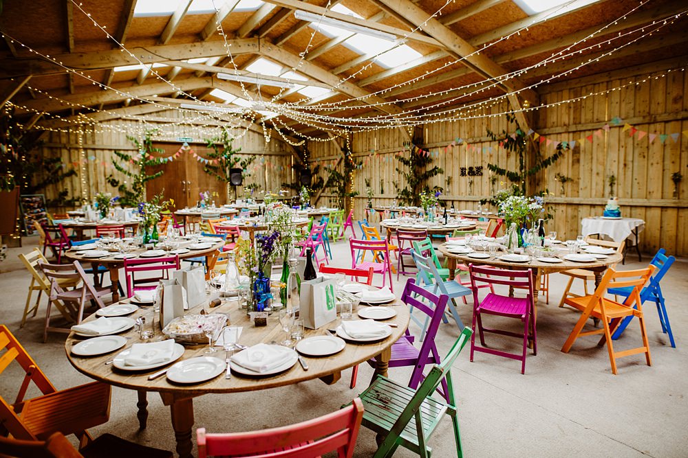 Barn Decor Multicolour Chairs Mismatched Fairy Light Canopy Canonteign Falls Wedding Holly Collings Photography