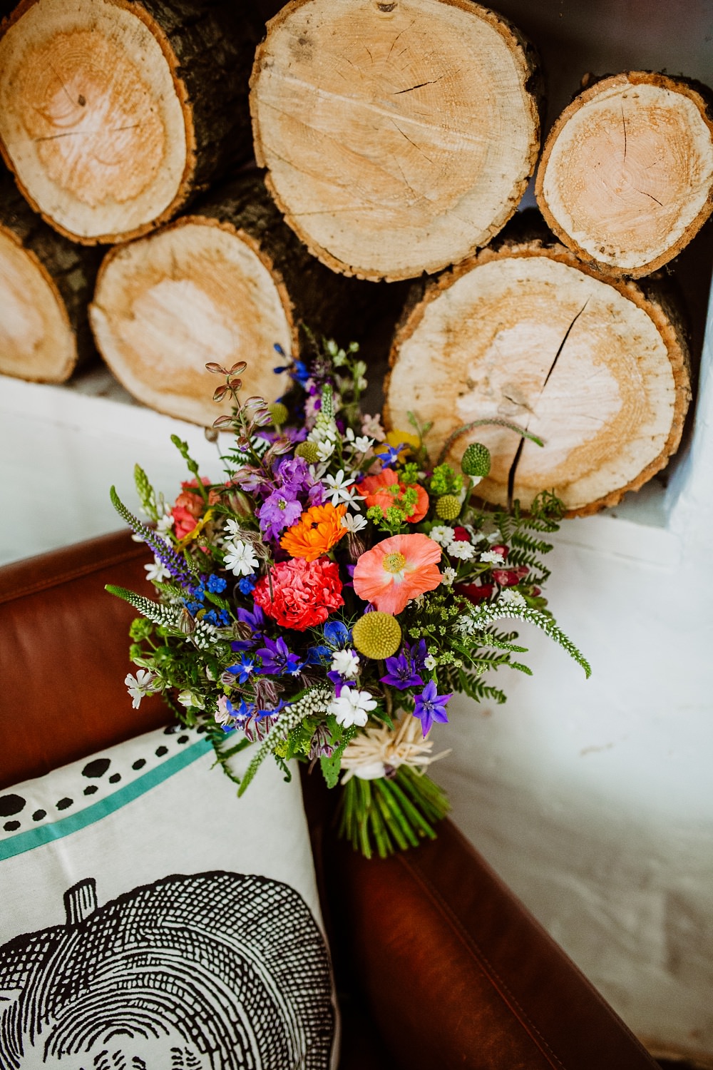Bouquet Flowers Bride Bridal Poppy Craspedia Colourful Multicolour Canonteign Falls Wedding Holly Collings Photography