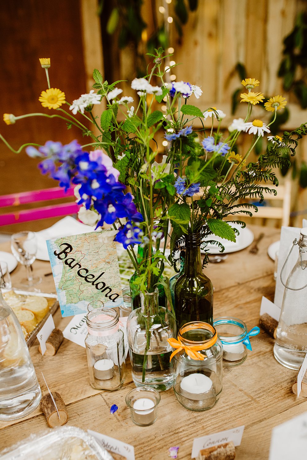 Wildflowers Flowers Bottles Centrepiece Decor Decoration Canonteign Falls Wedding Holly Collings Photography