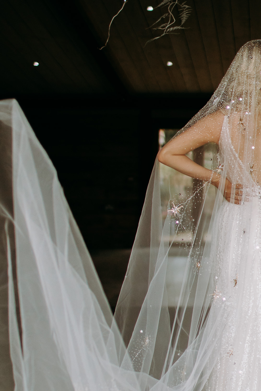 Dress Gown Bride Bridal Starry Veil Embroidered Gold Stars Sequins Celestial Wedding Ideas Christine Thirdwheeling