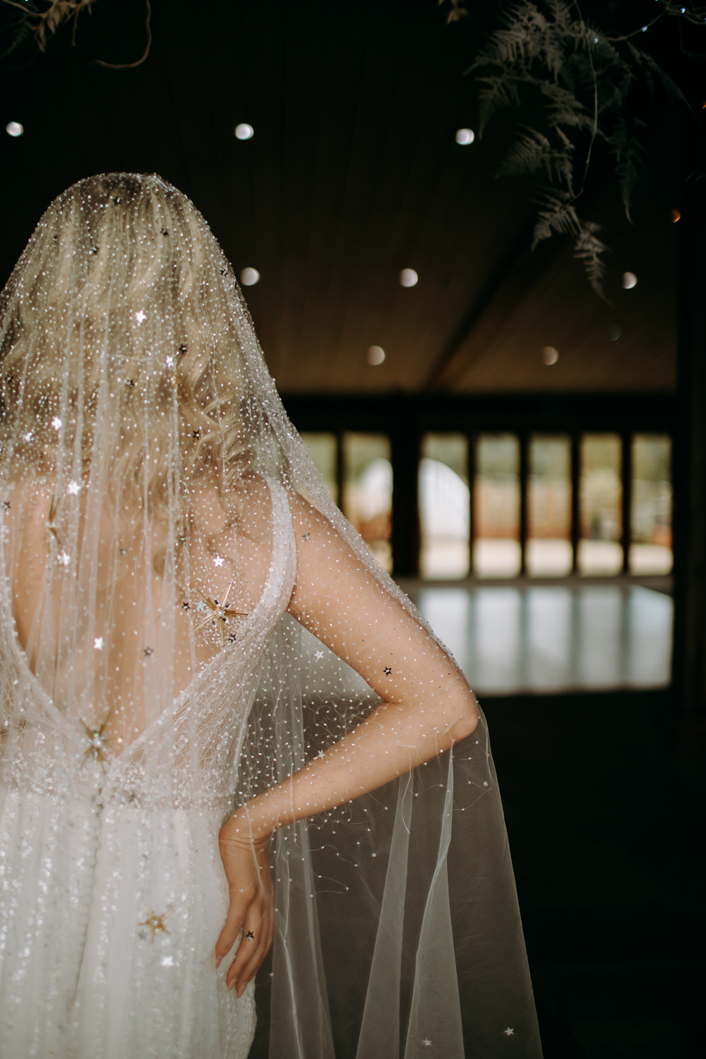 Dress Gown Bride Bridal Starry Veil Embroidered Gold Stars Sequins Celestial Wedding Ideas Christine Thirdwheeling