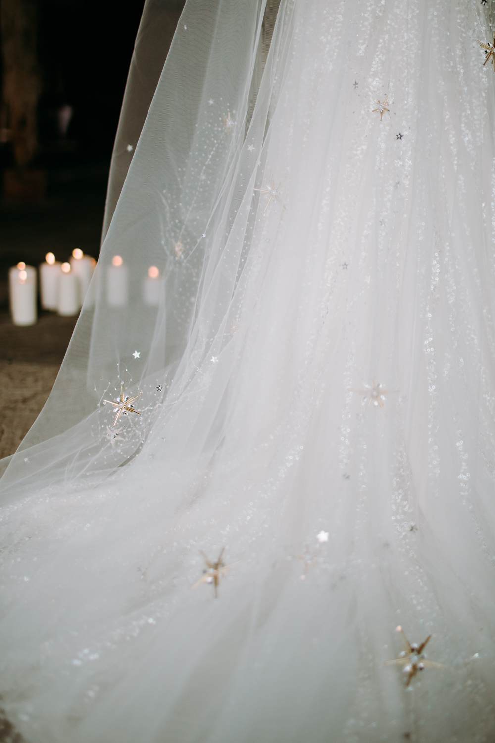 Bride Bridal Starry Veil Embroidered Gold Stars Sequins Celestial Wedding Ideas Christine Thirdwheeling