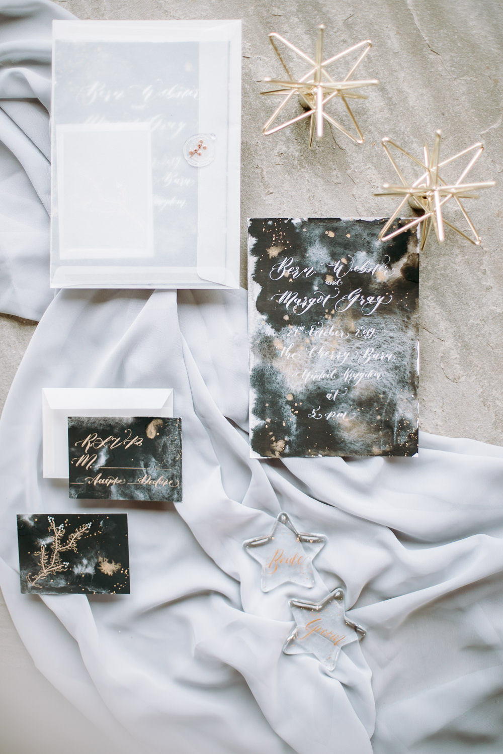 Stationery Invite Invitation Watercolour Black Gold Stars Starry Flat Lay Celestial Wedding Ideas Christine Thirdwheeling