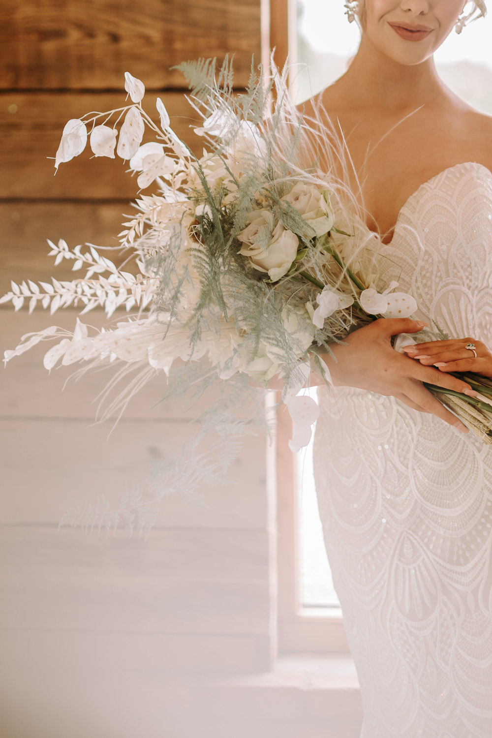 Bouquet Flowers Bride Bridal Pampas Grass Greenery Foliage Rose White Celestial Wedding Ideas Christine Thirdwheeling