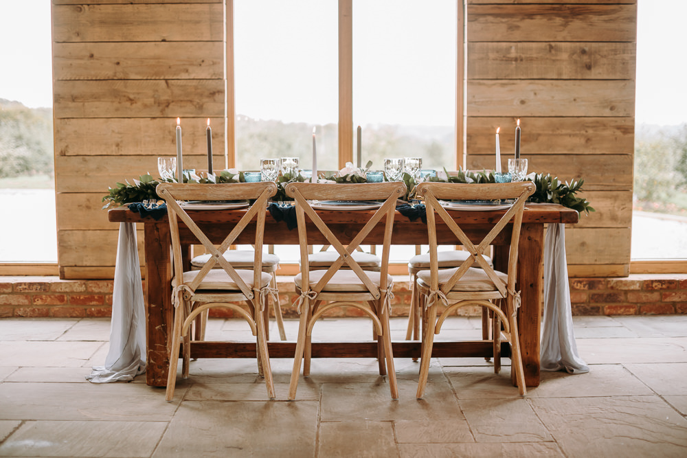 Table Tablescape Decor Decoration Table Runner Greenery Foliage Candles Blue Place Setting Menu Cards Gold Celestial Wedding Ideas Christine Thirdwheeling