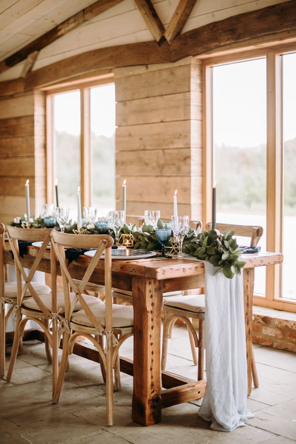 Table Tablescape Decor Decoration Table Runner Greenery Foliage Candles Blue Place Setting Menu Cards Gold Celestial Wedding Ideas Christine Thirdwheeling