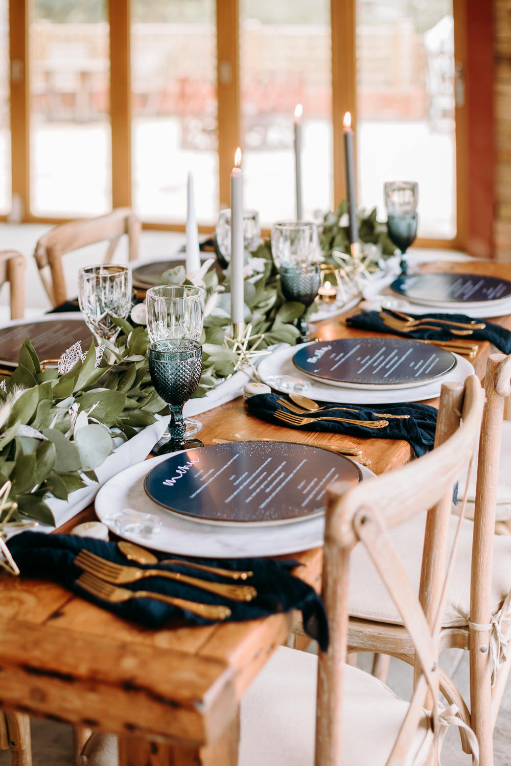 Table Tablescape Decor Decoration Table Runner Greenery Foliage Candles Blue Place Setting Menu Cards Gold Celestial Wedding Ideas Christine Thirdwheeling