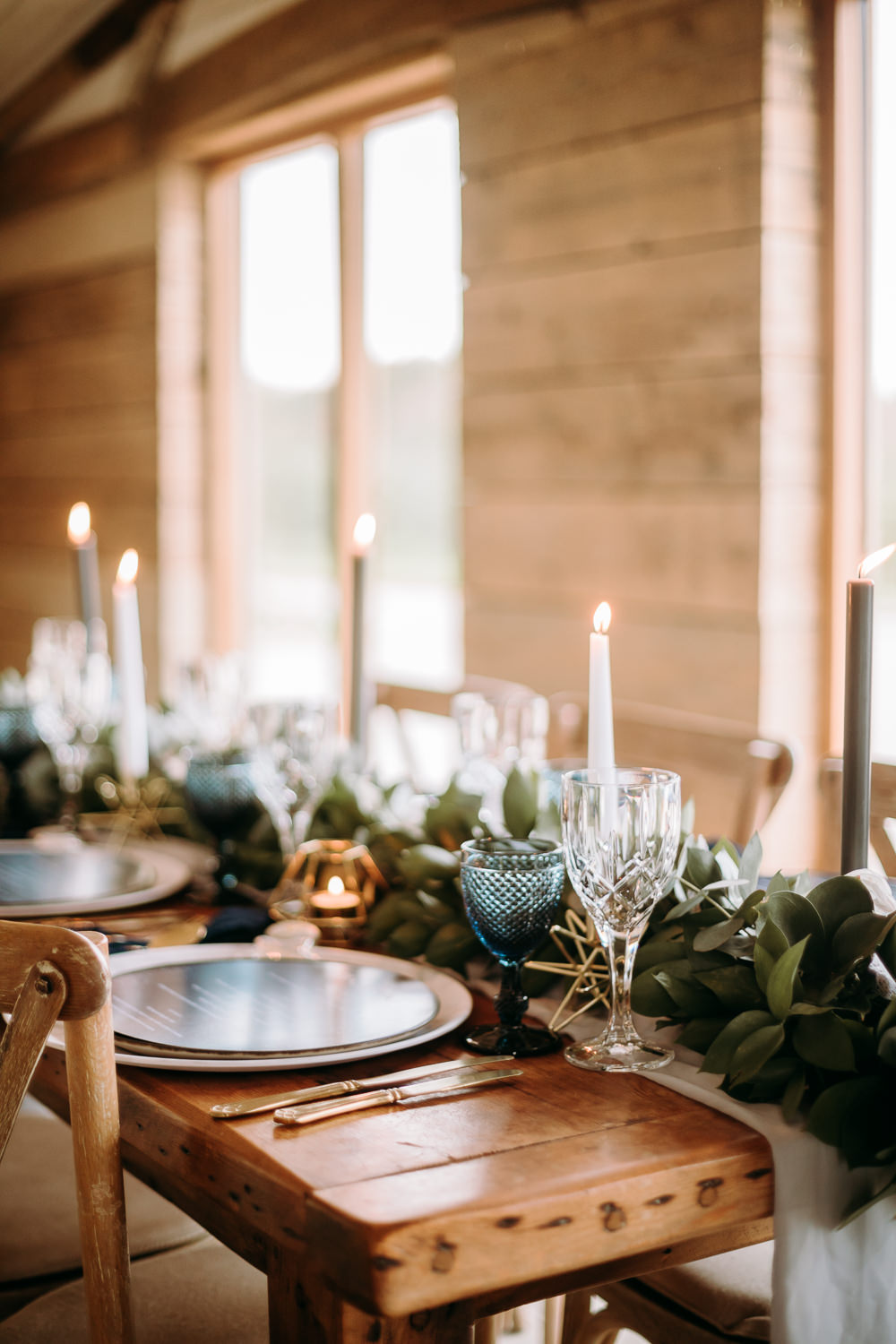 Table Tablescape Decor Decoration Table Runner Greenery Foliage Candles Blue Place Setting Menu Cards Gold Celestial Wedding Ideas Christine Thirdwheeling