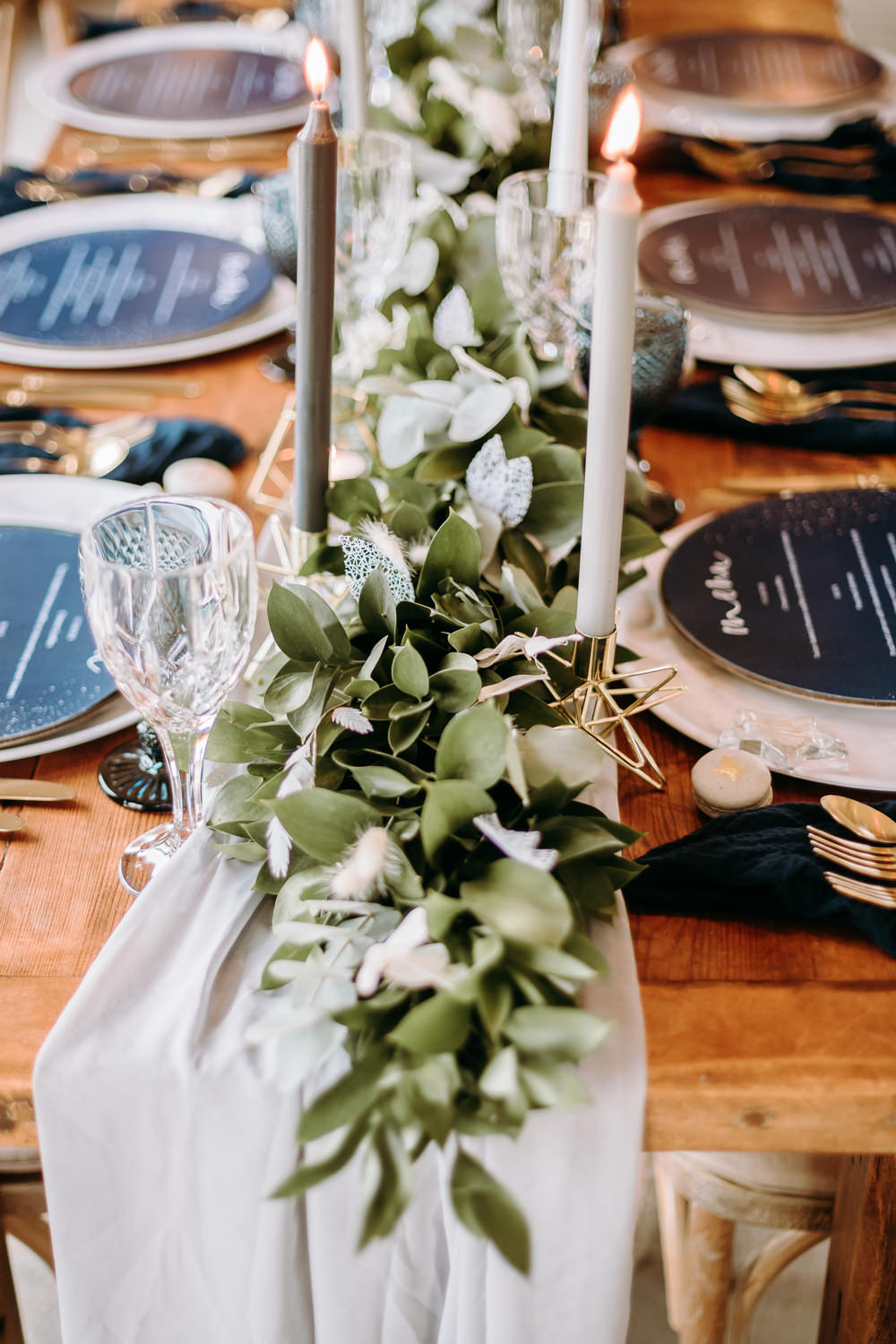 Table Tablescape Decor Decoration Table Runner Greenery Foliage Candles Blue Place Setting Menu Cards Gold Celestial Wedding Ideas Christine Thirdwheeling