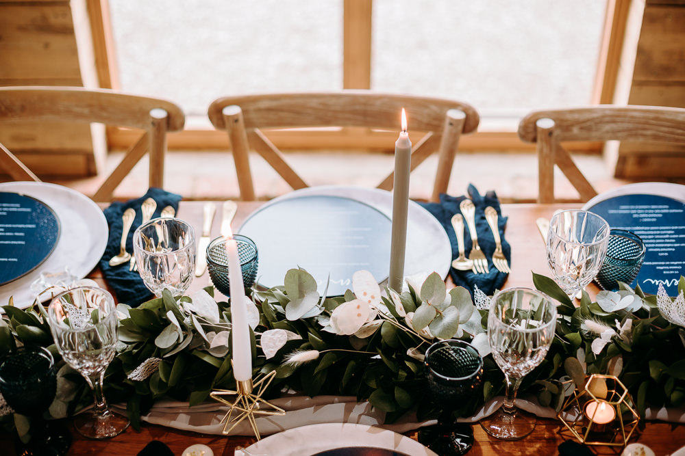 Table Tablescape Decor Decoration Table Runner Greenery Foliage Candles Blue Place Setting Menu Cards Gold Celestial Wedding Ideas Christine Thirdwheeling