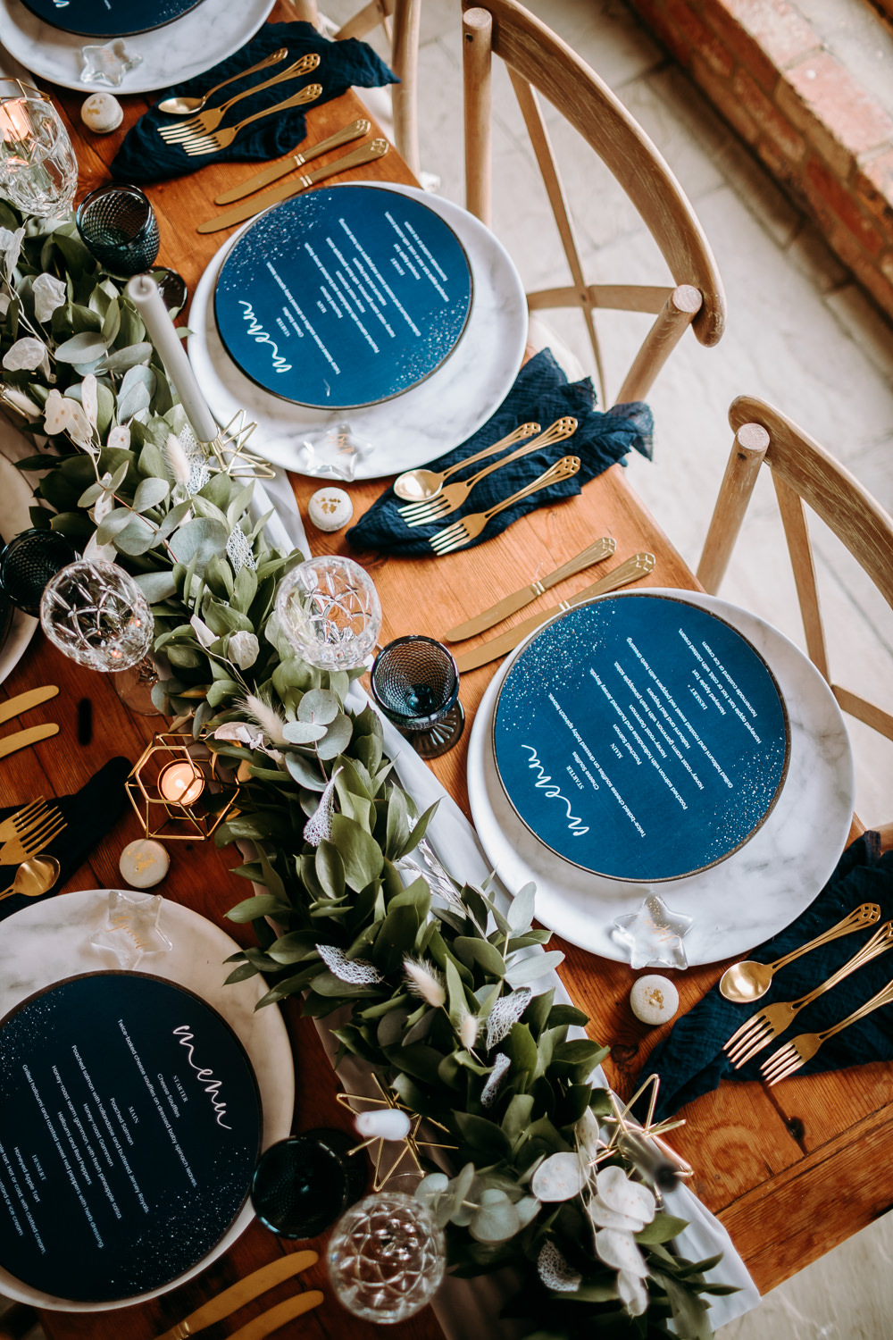 Table Tablescape Decor Decoration Table Runner Greenery Foliage Candles Blue Place Setting Menu Cards Gold Celestial Wedding Ideas Christine Thirdwheeling