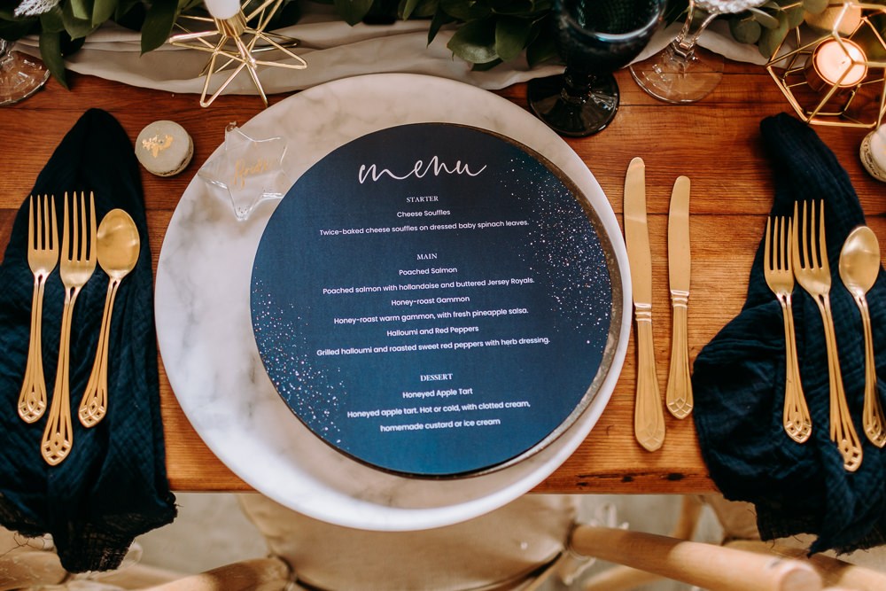 Table Tablescape Decor Decoration Table Runner Greenery Foliage Candles Blue Place Setting Menu Cards Gold Celestial Wedding Ideas Christine Thirdwheeling