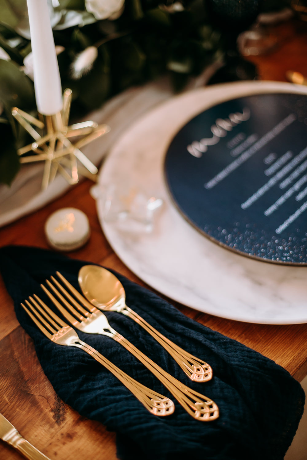 Table Tablescape Decor Decoration Table Runner Greenery Foliage Candles Blue Place Setting Menu Cards Gold Celestial Wedding Ideas Christine Thirdwheeling