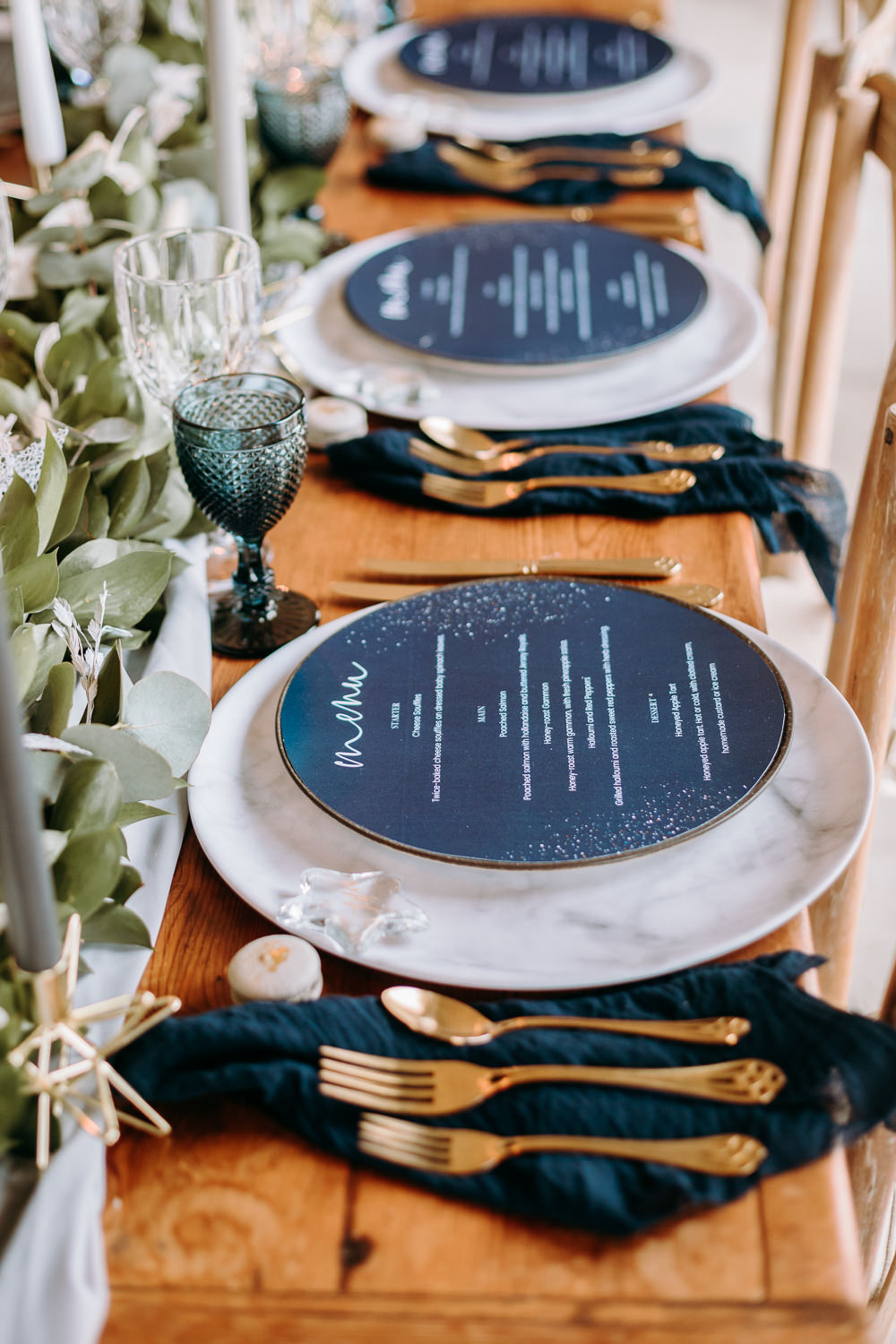 Table Tablescape Decor Decoration Table Runner Greenery Foliage Candles Blue Place Setting Menu Cards Gold Celestial Wedding Ideas Christine Thirdwheeling