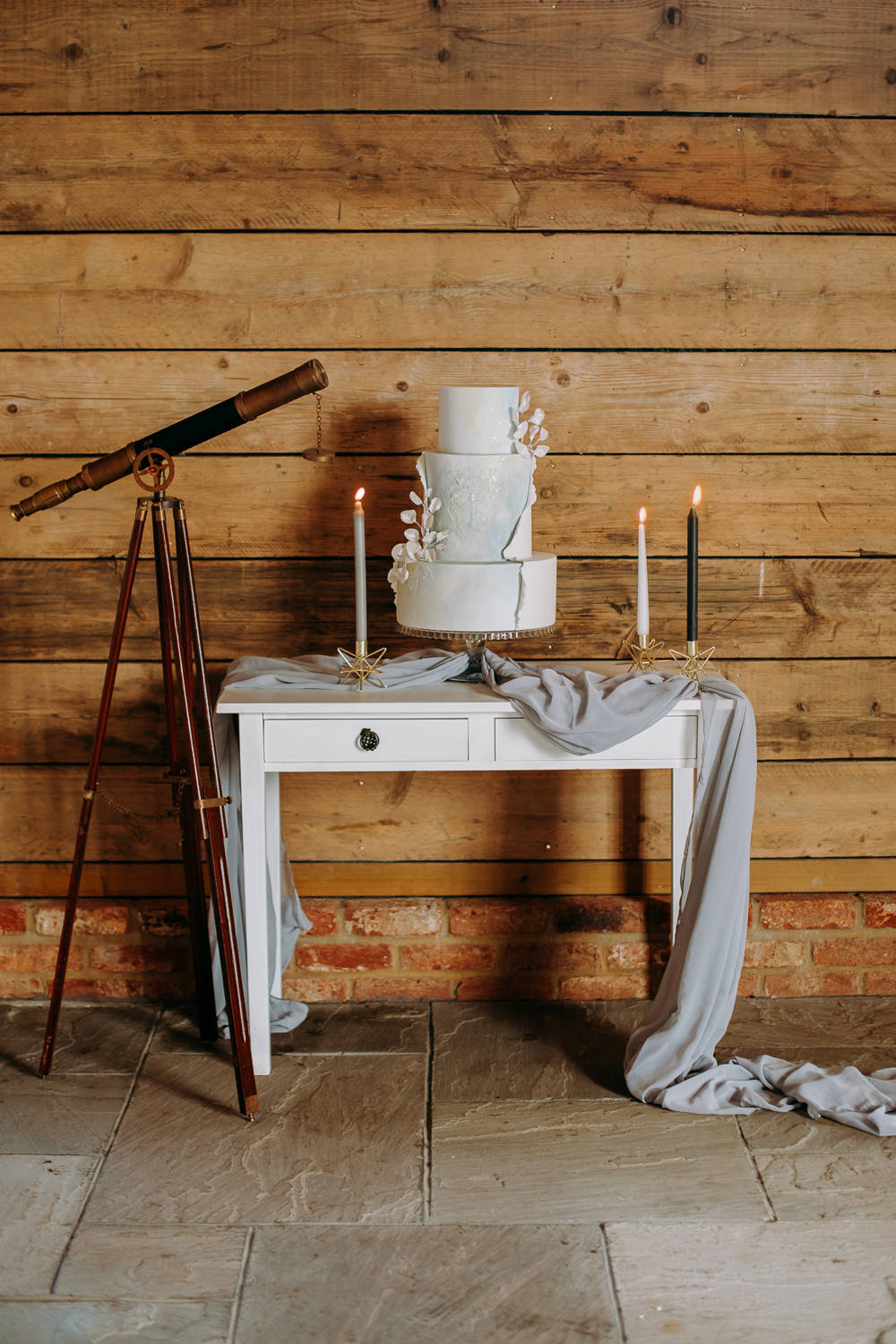 Cake Table Telescope Fabric Candles Celestial Wedding Ideas Christine Thirdwheeling