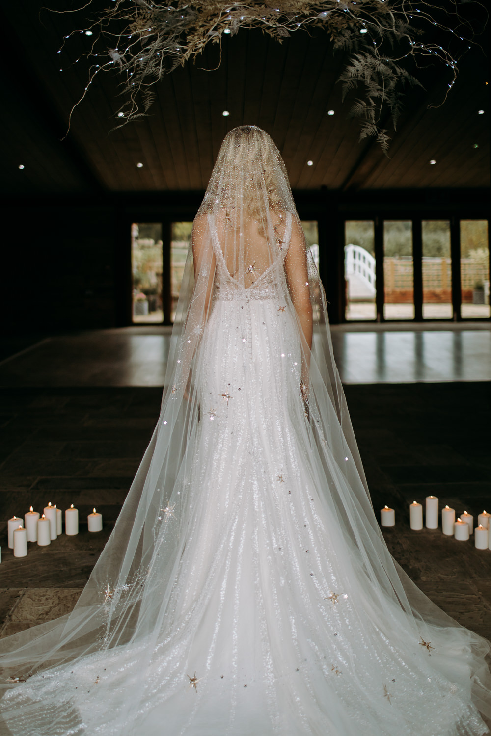 Dress Gown Bride Bridal Starry Veil Embroidered Gold Stars Sequins Celestial Wedding Ideas Christine Thirdwheeling