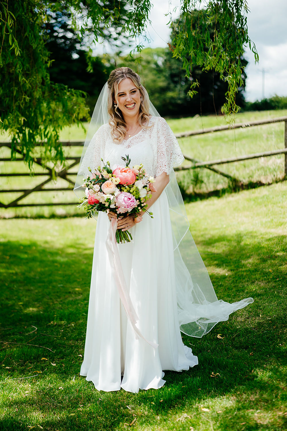 Dress Gown Bride Bridal Charlie Brear Satin Lace Overlay Beaded Belt Sleeves Veil Clock Barn Wedding Angela Ward Brown