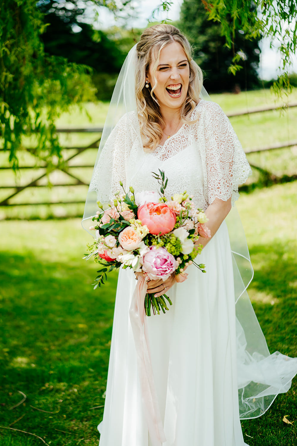 Dress Gown Bride Bridal Charlie Brear Satin Lace Overlay Beaded Belt Sleeves Veil Clock Barn Wedding Angela Ward Brown