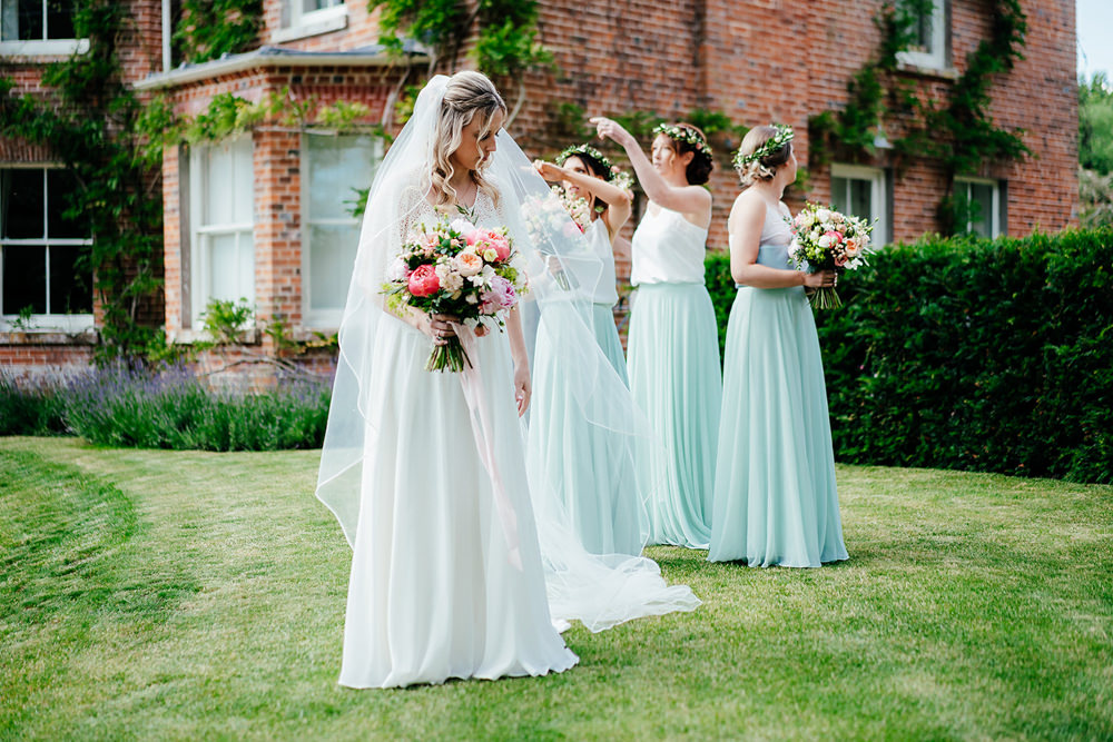 Dress Gown Bride Bridal Charlie Brear Satin Lace Overlay Beaded Belt Sleeves Veil Clock Barn Wedding Angela Ward Brown