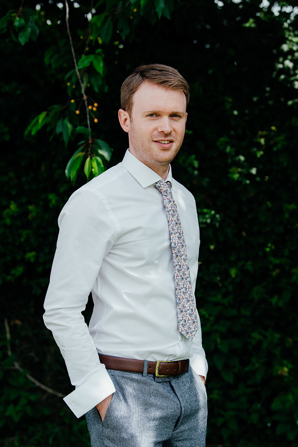 Groom Groomsmen Suits Blue Tweed Waistcoat Floral Tie Clock Barn Wedding Angela Ward Brown