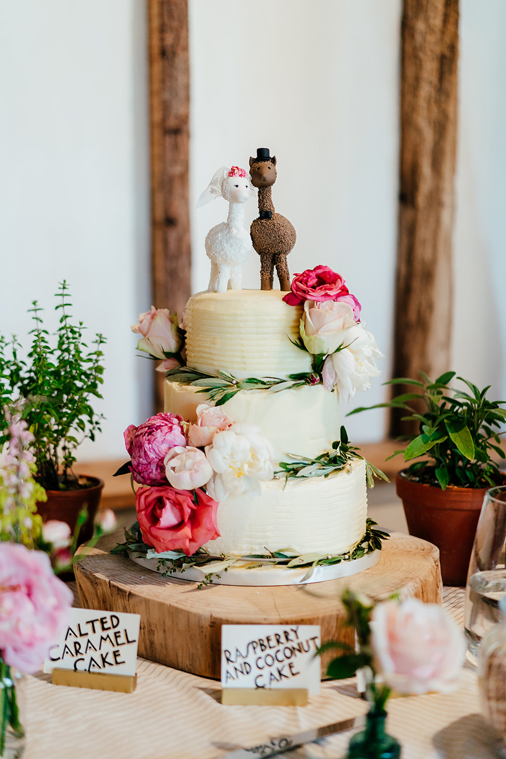 Buttercream Cake Flowers Greenery Log Stand Llama Topper Clock Barn Wedding Angela Ward Brown