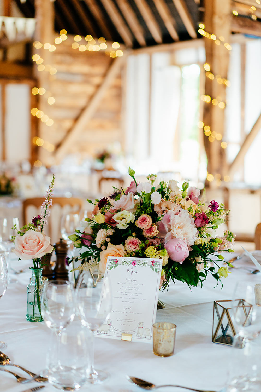 Round Table Centrepiece Decor Flowers Pink Rose Peony Clock Barn Wedding Angela Ward Brown