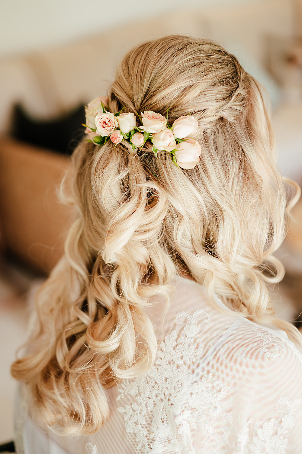 Bride Bridal Hair Style Up Do Half Up Half Down Flowers Clock Barn Wedding Angela Ward Brown