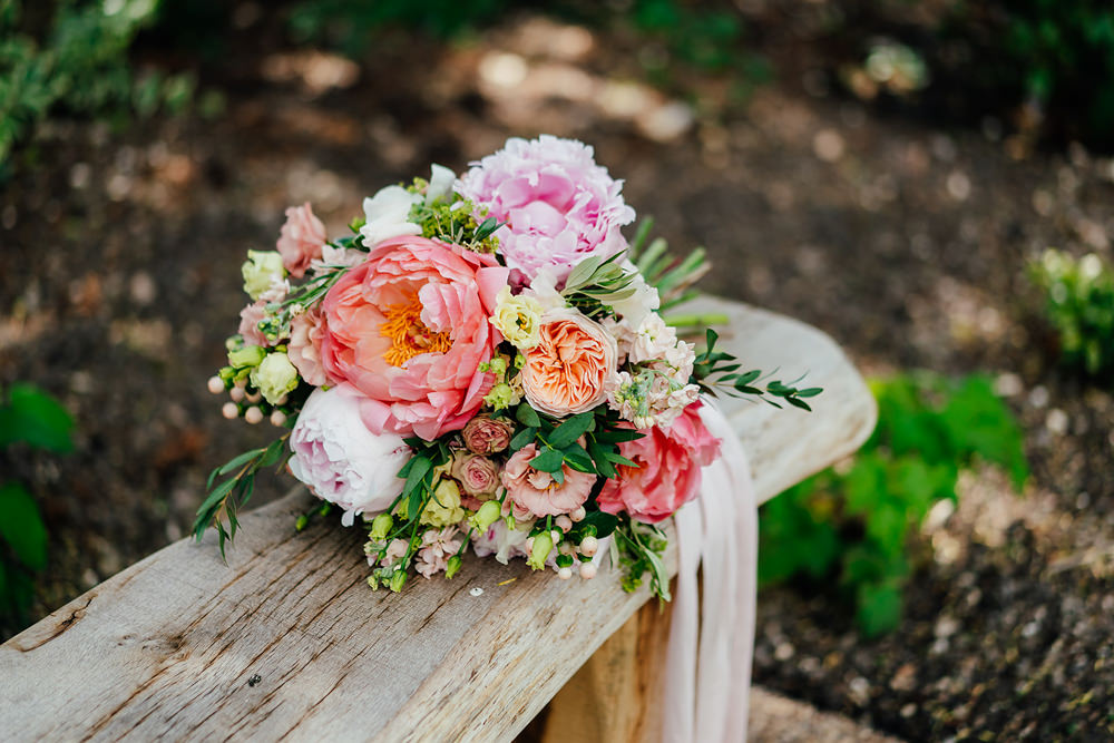Bouquet Flowers Bride Bridal Peony Peonies Coral Charm Rose Ribbon Clock Barn Wedding Angela Ward Brown