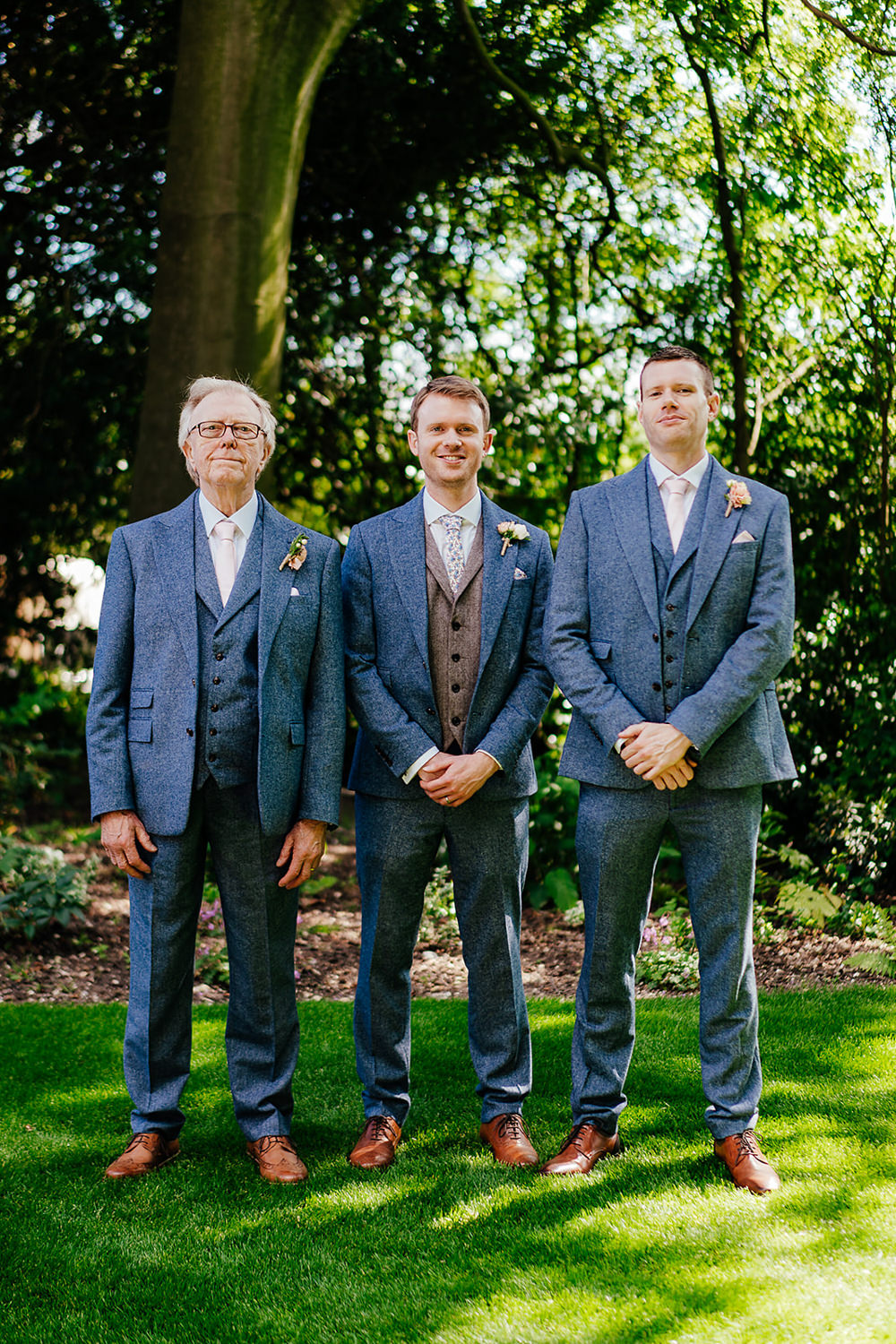 Groom Groomsmen Suits Blue Tweed Waistcoat Floral Tie Clock Barn Wedding Angela Ward Brown
