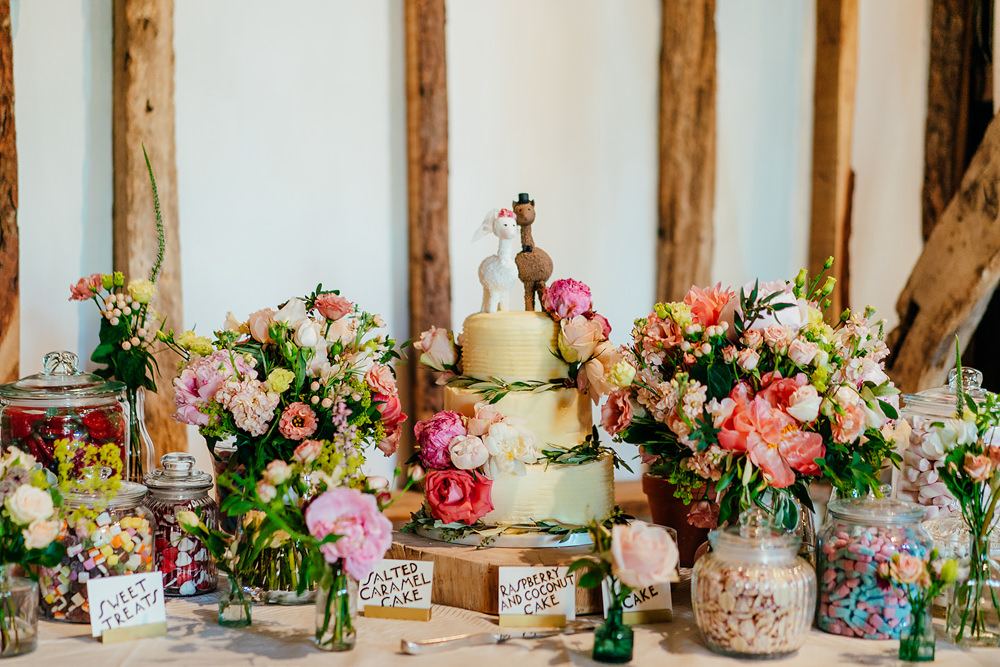 Buttercream Cake Flowers Greenery Log Stand Llama Topper Clock Barn Wedding Angela Ward Brown