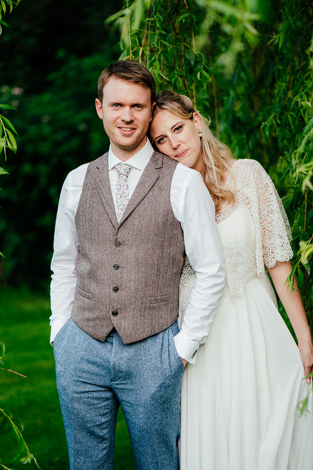 Groom Groomsmen Suits Blue Tweed Waistcoat Floral Tie Clock Barn Wedding Angela Ward Brown