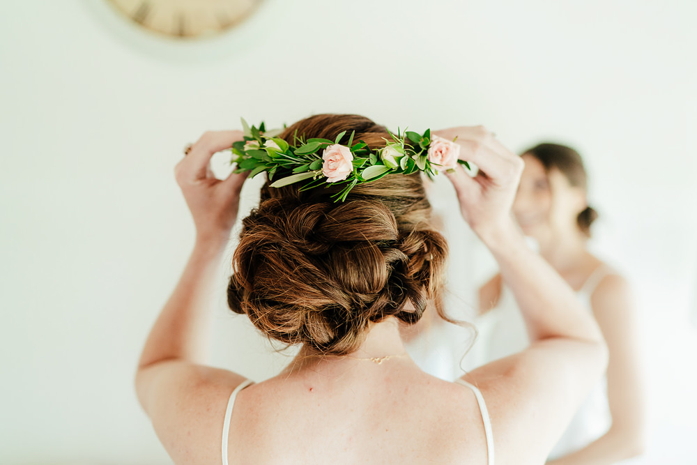 Bridesmaid Flower Crown Hair Style Up Do Clock Barn Wedding Angela Ward Brown