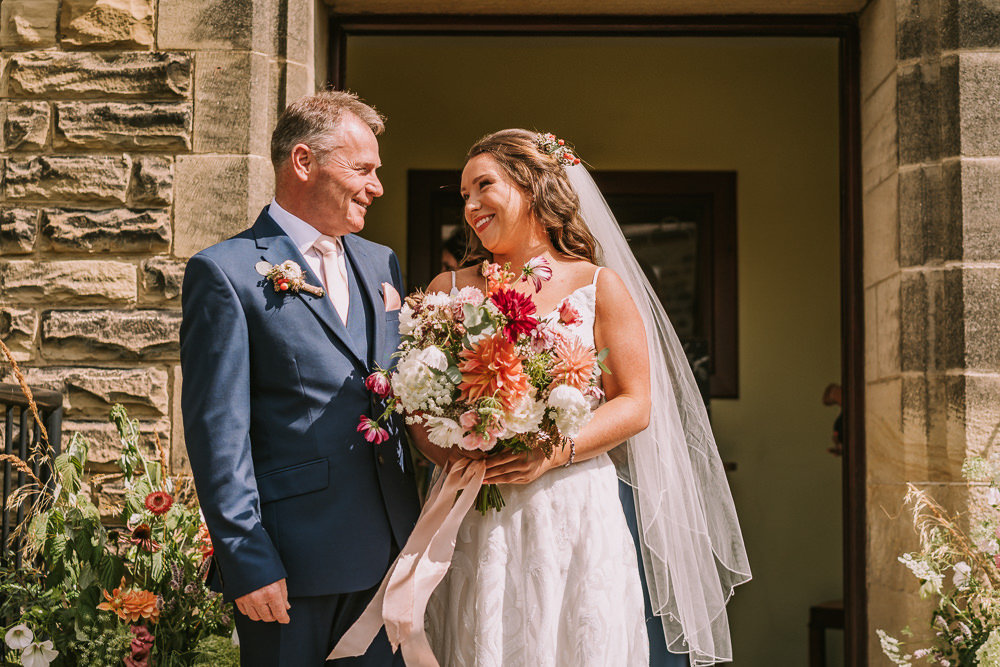 Bouquet Flowers Bride Bridal Coral Cream Dahlia Ribbon Crafty Village Hall Wedding Dot and Scolly Photography