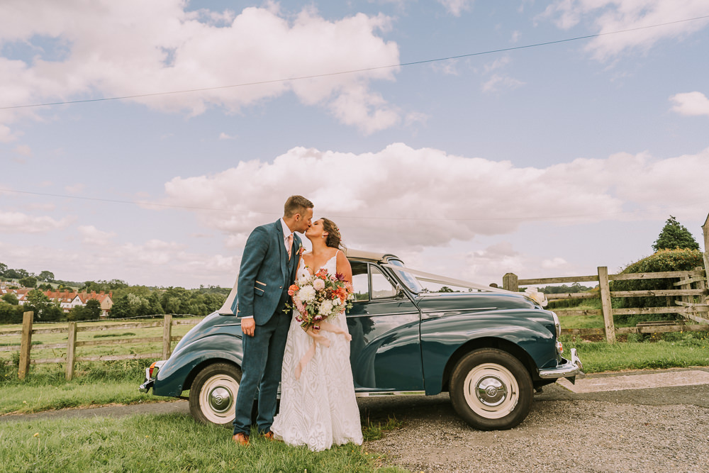 Car Transport Classic Morris Minor Crafty Village Hall Wedding Dot and Scolly Photography