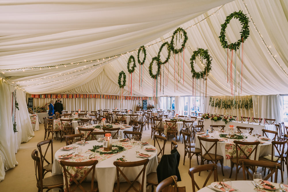 Marquee Hanging Wreaths Hoops Suspended Greenery Foliage Ribbon Fairy Lights Crafty Village Hall Wedding Dot and Scolly Photography