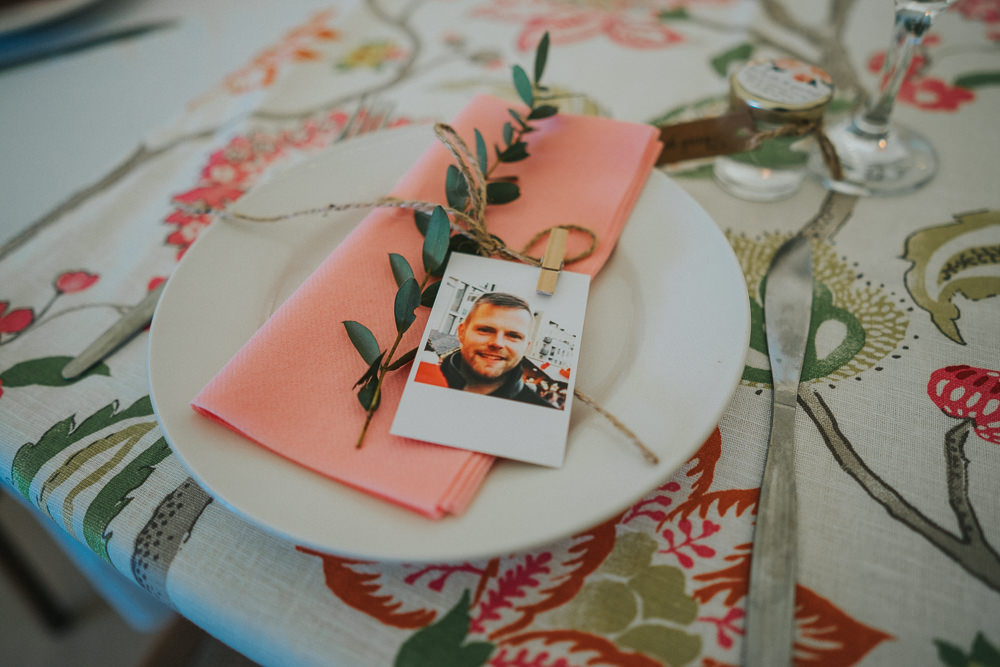 Place Setting Floral Napin Polariod Crafty Village Hall Wedding Dot and Scolly Photography