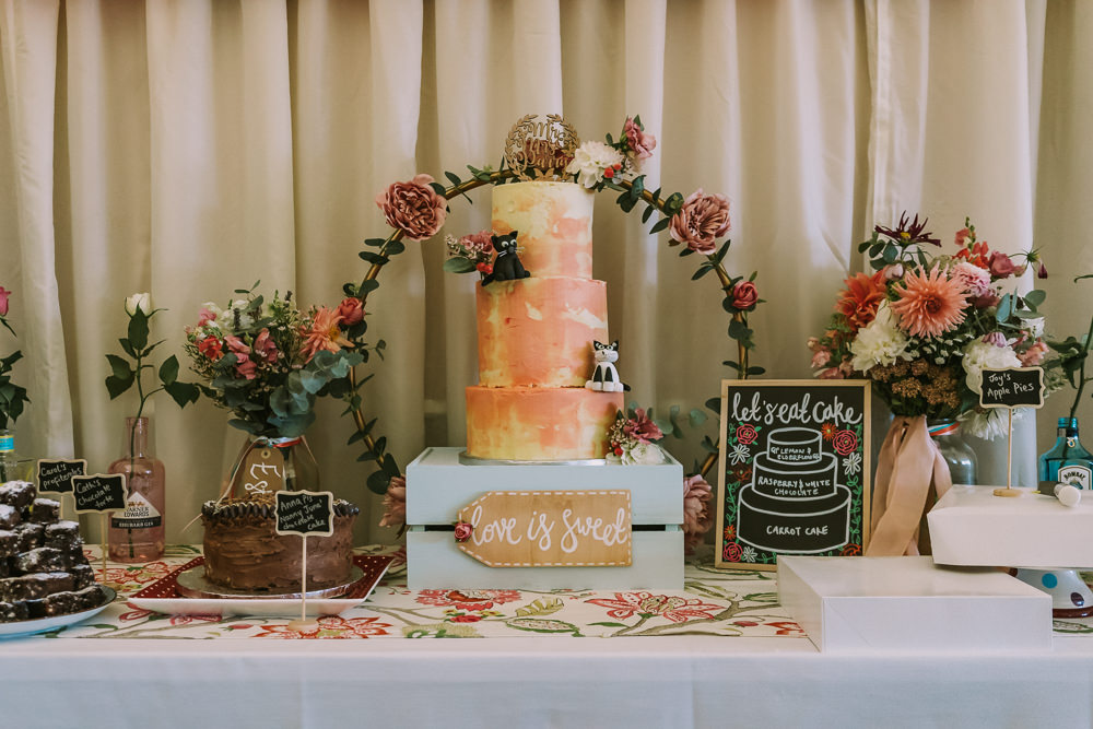 tCake Table Moon Gate Arch Brushstroke Buttercream Crafty Village Hall Wedding Dot and Scolly Photography