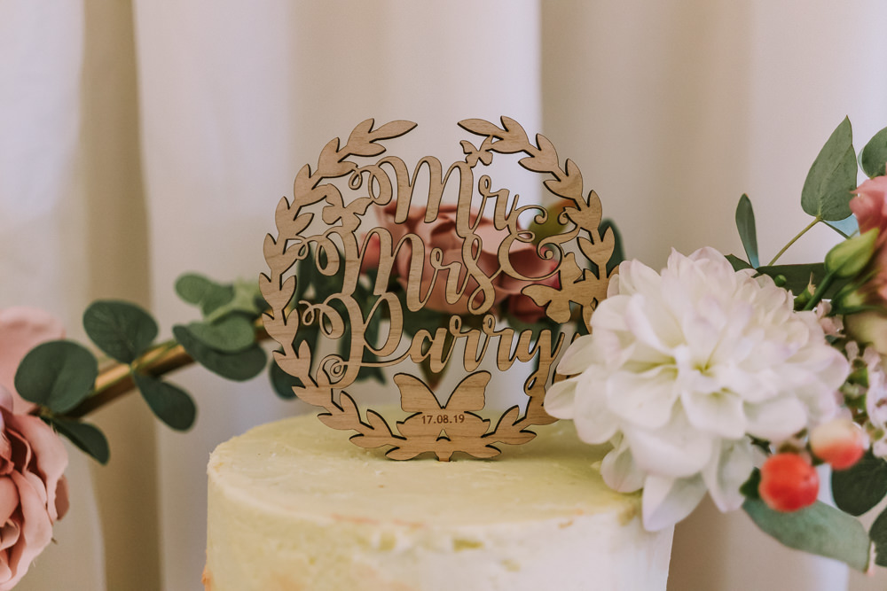 Laser Cut Wooden Cake Topper Crafty Village Hall Wedding Dot and Scolly Photography