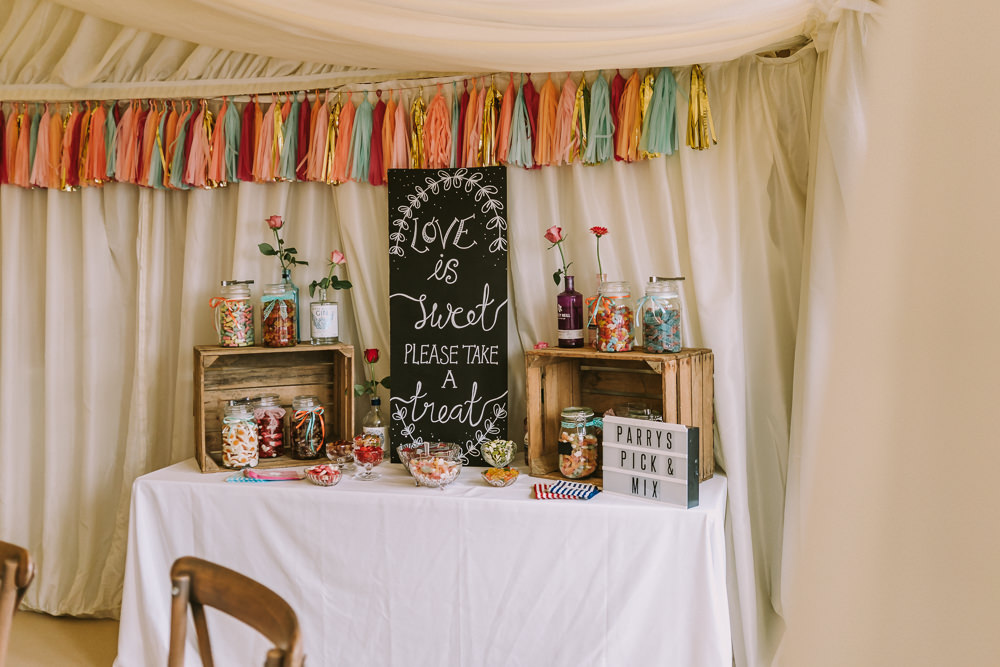 Sweet Sweetie Table Bar Stand Tassel Garland Crafty Village Hall Wedding Dot and Scolly Photography