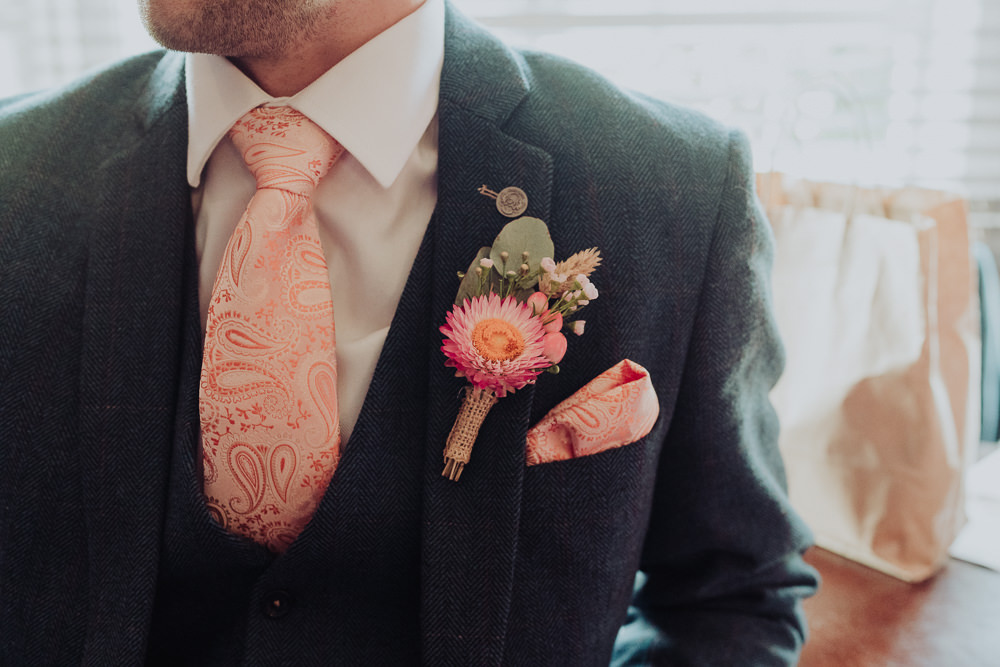 Groom Pink Tie Buttonhole FlowersCrafty Village Hall Wedding Dot and Scolly Photography