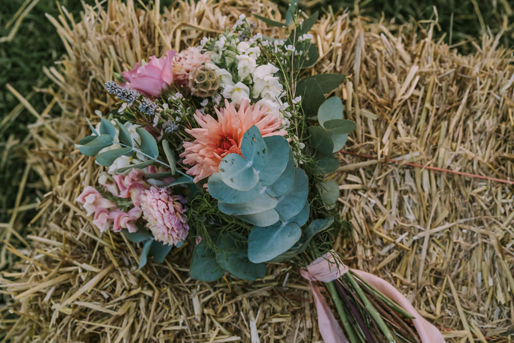 Bouquet Flowers Bride Bridal Coral Cream Dahlia Crafty Village Hall Wedding Dot and Scolly Photography