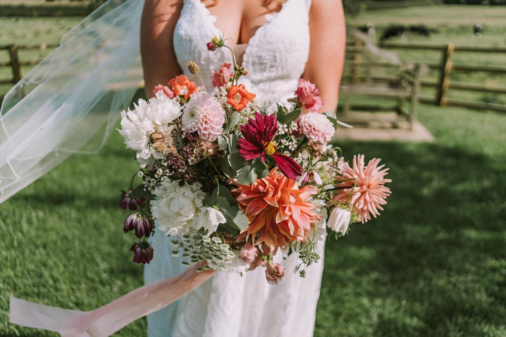 Bouquet Flowers Bride Bridal Coral Cream Dahlia Crafty Village Hall Wedding Dot and Scolly Photography
