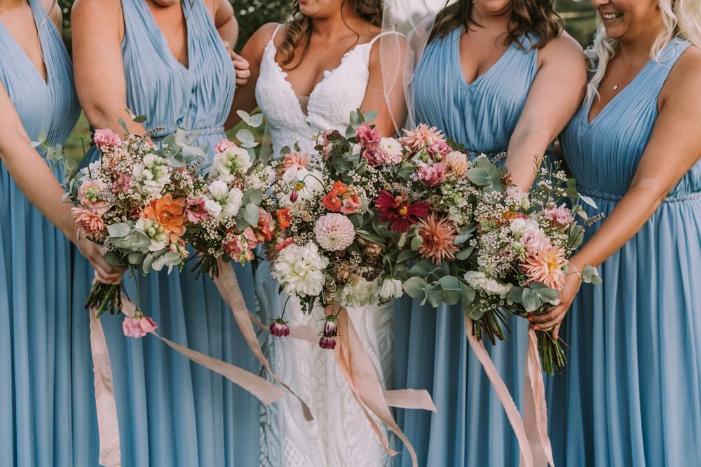 Bouquet Flowers Bride Bridal Coral Cream Dahlia Crafty Village Hall Wedding Dot and Scolly Photography
