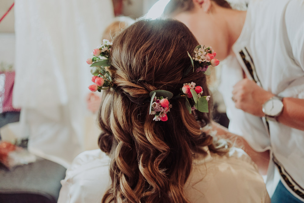 Bride Bridal Hair Flowers Waves Curls Crafty Village Hall Wedding Dot and Scolly Photography