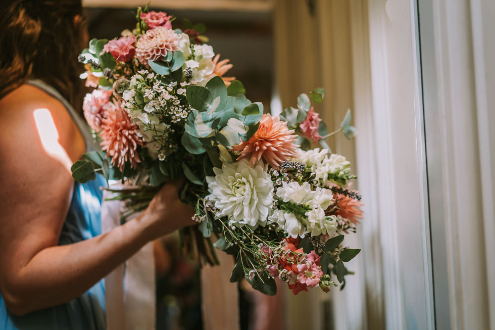 Bouquet Flowers Bride Bridal Coral Cream Dahlia Crafty Village Hall Wedding Dot and Scolly Photography