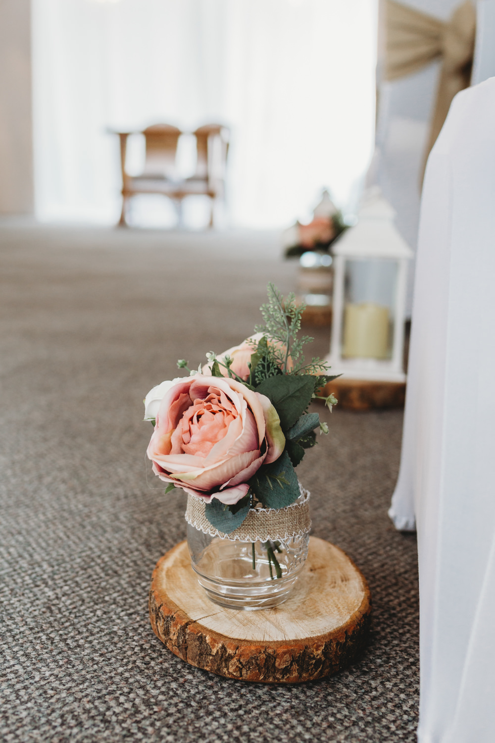 Aisle Flowers Pew End Pink Rose Jar Log Slice Crug Glas Country House Wedding Simon Murray Images