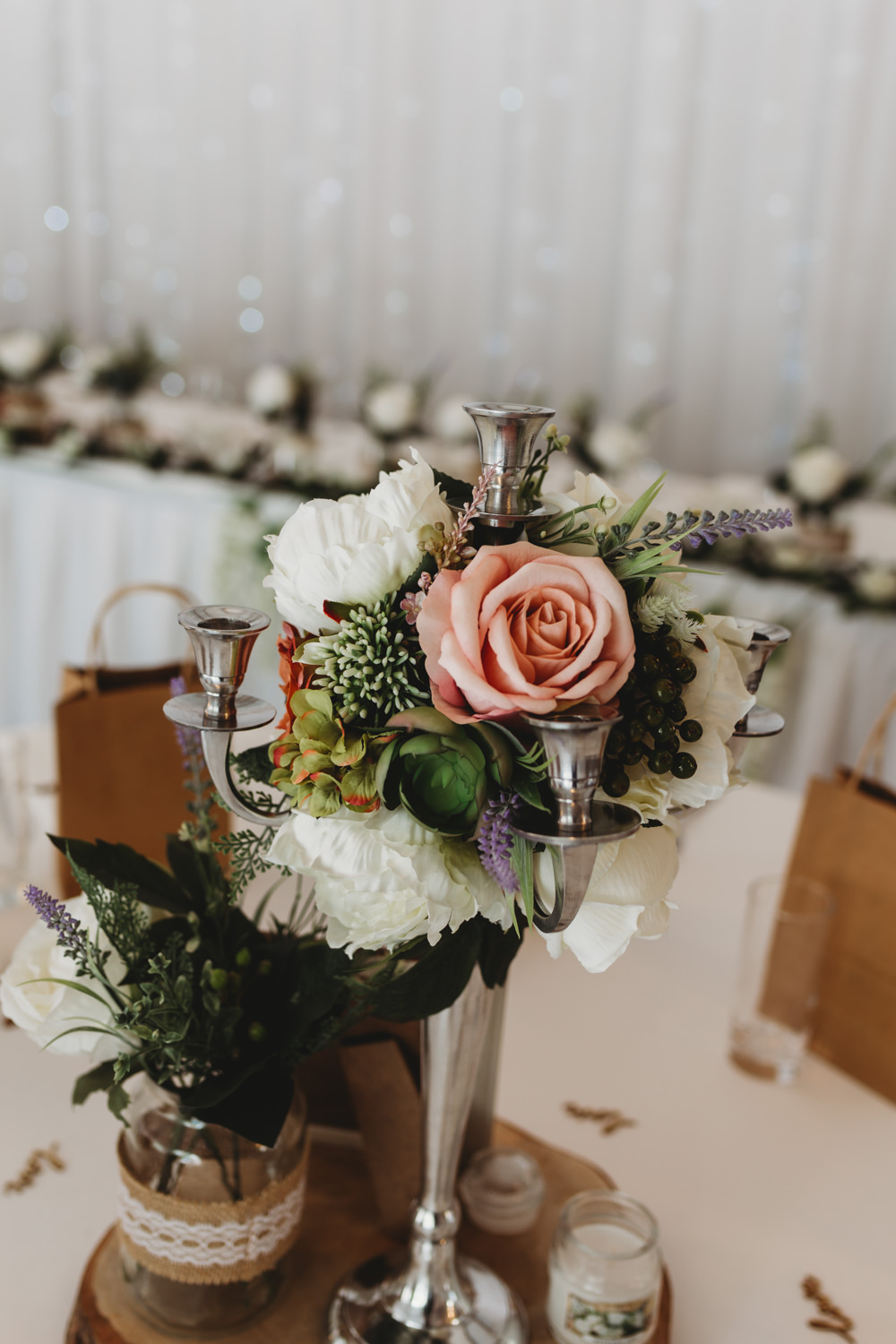 Table Centrepiece Decor Flowers Log Slice Candlabra Crug Glas Country House Wedding Simon Murray Images