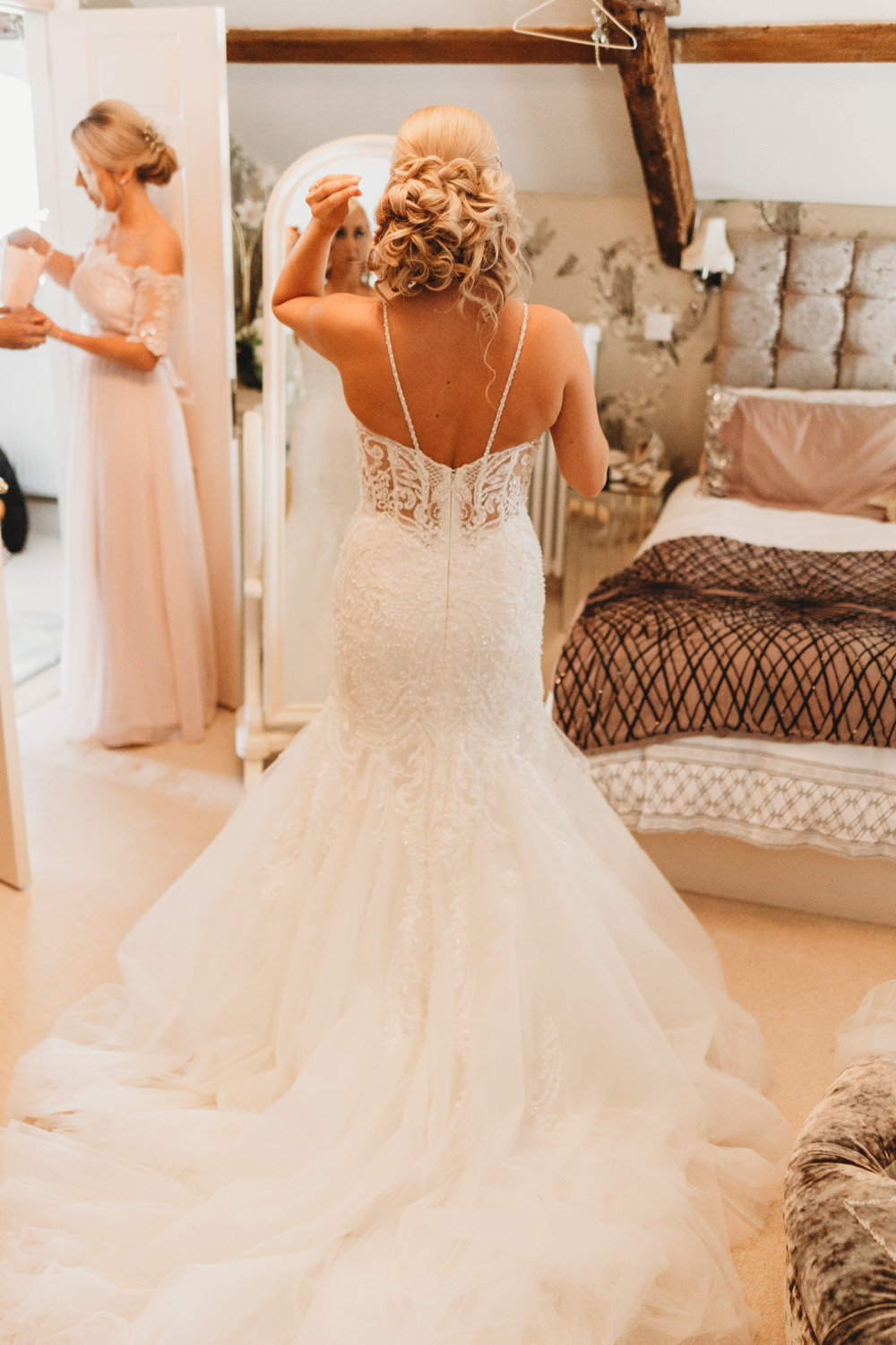 Dress Gown Bride Bridal Kenneth Winston Fishtail Fit Flare Straps Crug Glas Country House Wedding Simon Murray Images
